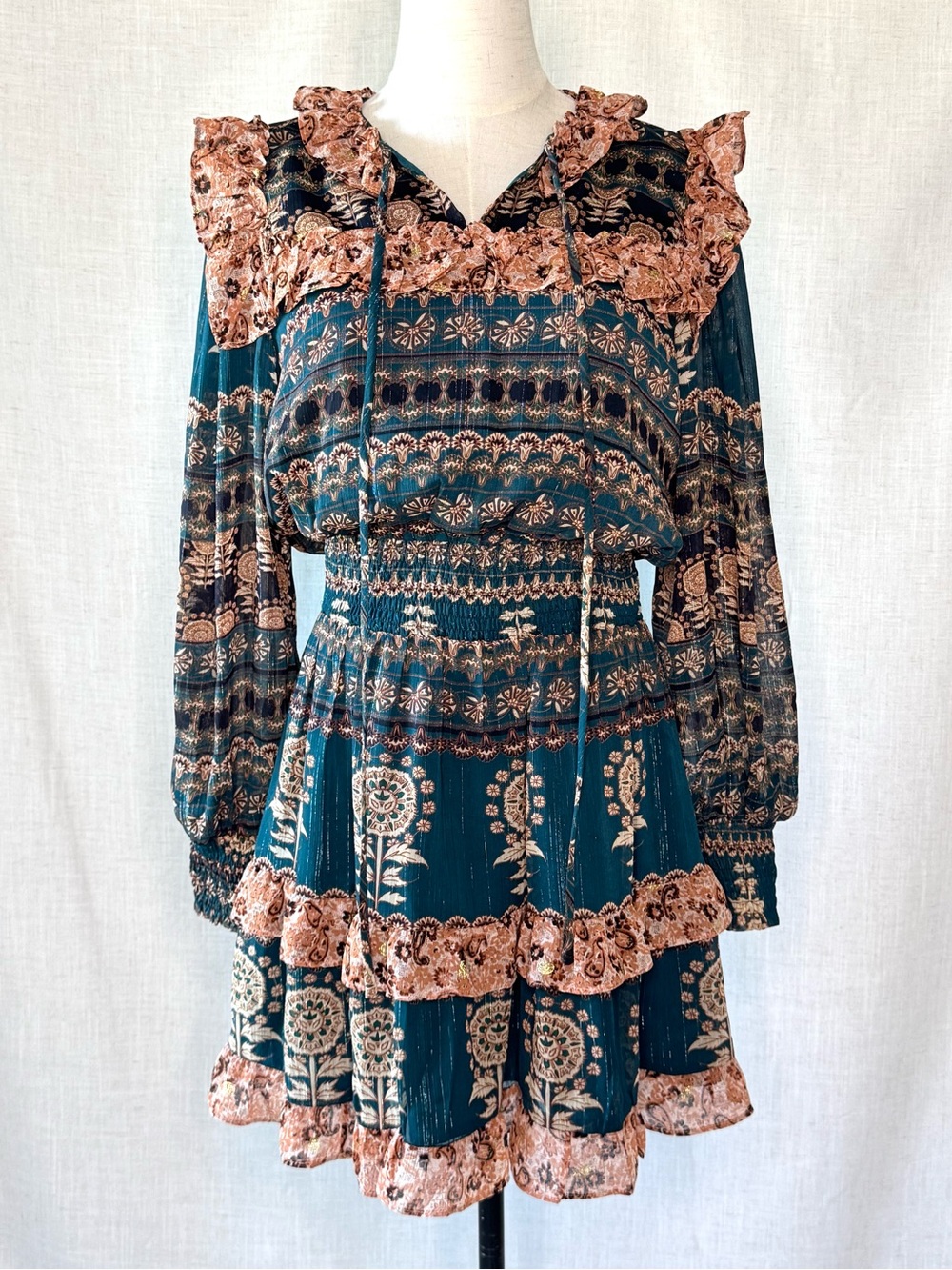 Aureum Ruffle Tiered Mini Dress Green Peach Gold Shimmer Size XS NWT
